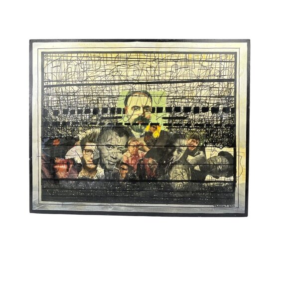 Handmade Trevor Williamson Abstract Canvas Painting Unique Faces & Textured Line - Picture 1 of 10